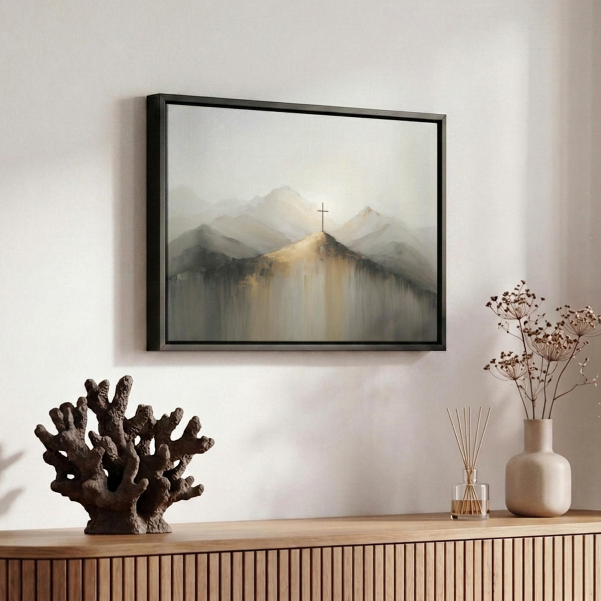 LEINWAND Bilder mit Rahmen - Hügel - Abstrakt - Kreuz - Christentum - 30x20 - Beige, Textil (30/20cm) - MuchoWow