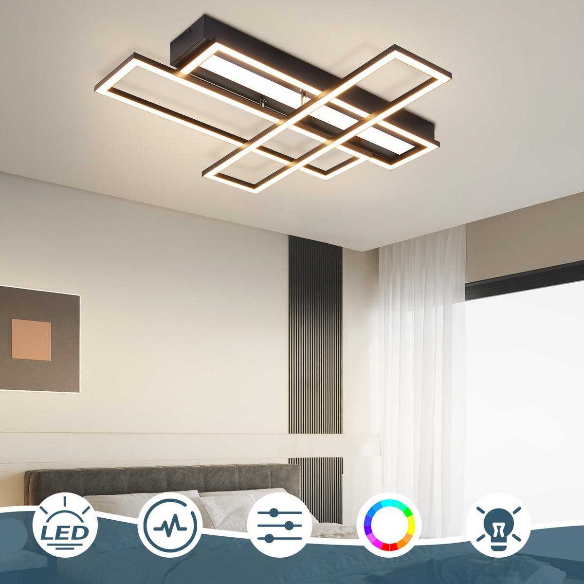 LED-DECKENLEUCHTE Bryxen 55.5/55.5/9.7 cm - Schwarz, Metall (55.5/55.5/9.7cm) - ZMH