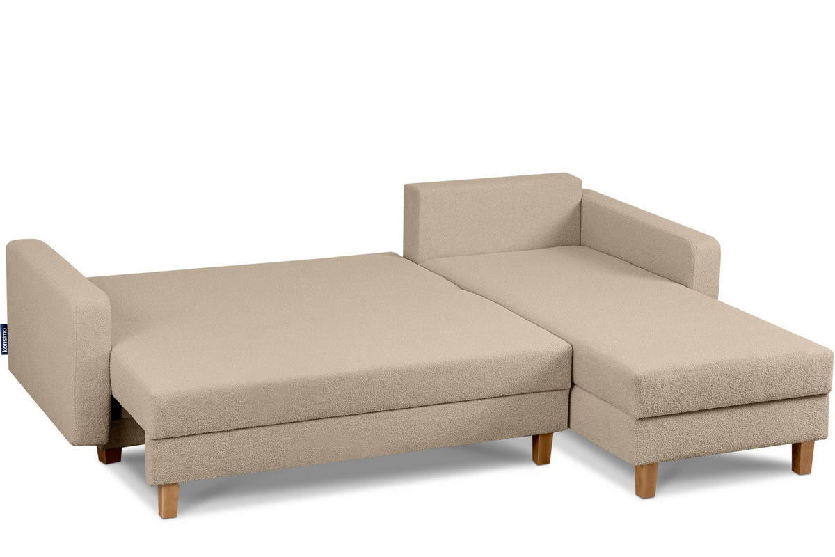 ECKSCHLAFSOFA ERISO 3/4 Sitzer und Universalecke mit Ottoman, Bouclé-Stoff, hellbeige - Beige/Creme, Textil (240/183cm) - KONSIMO®