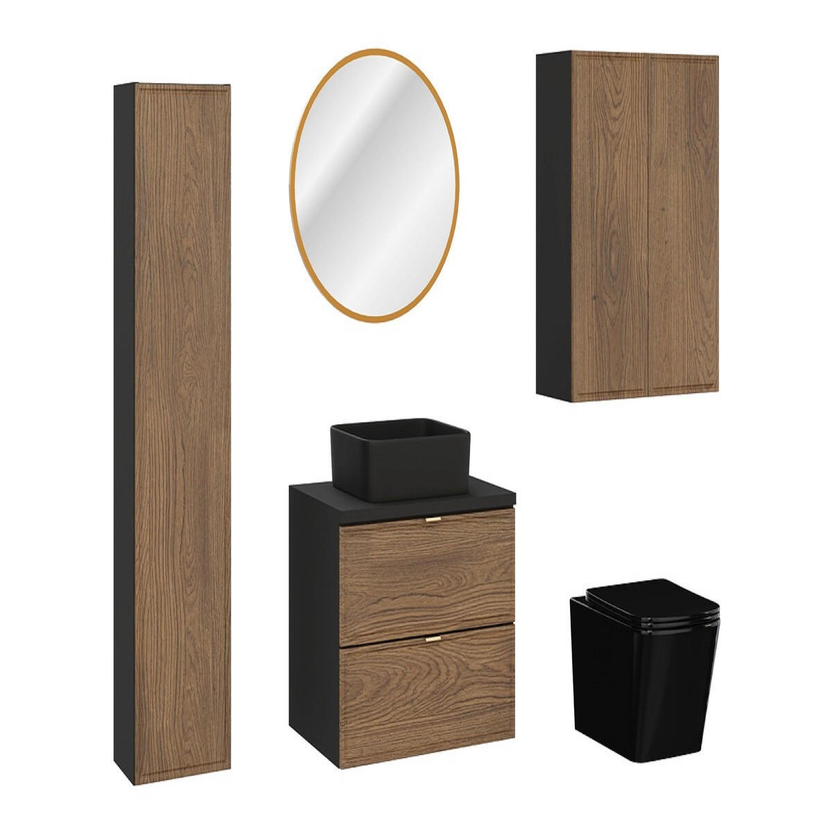 BADMÖBEL-SET 8 Teile - Talia Casella T BM91 in Schwarz Matt/Casella Oak - Hellbraun/Goldfarben, Holz/Metall (60/140/46cm)