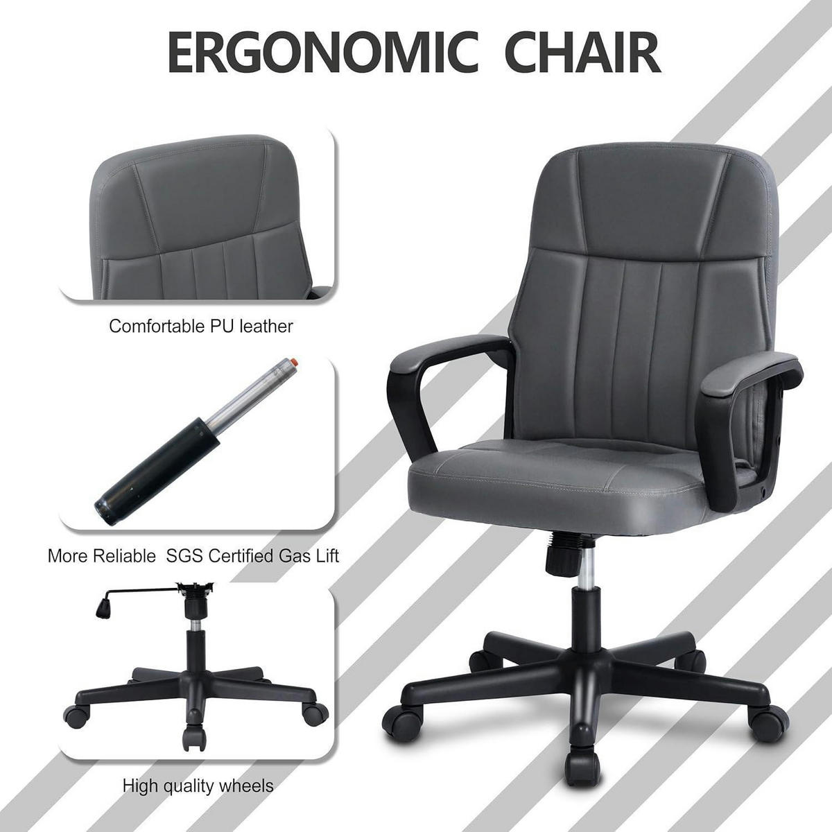 BÜROSTUHL PU-Leder Grau Höhenverstellbar - Grau, Kunststoff (45.5/103.5/49cm)