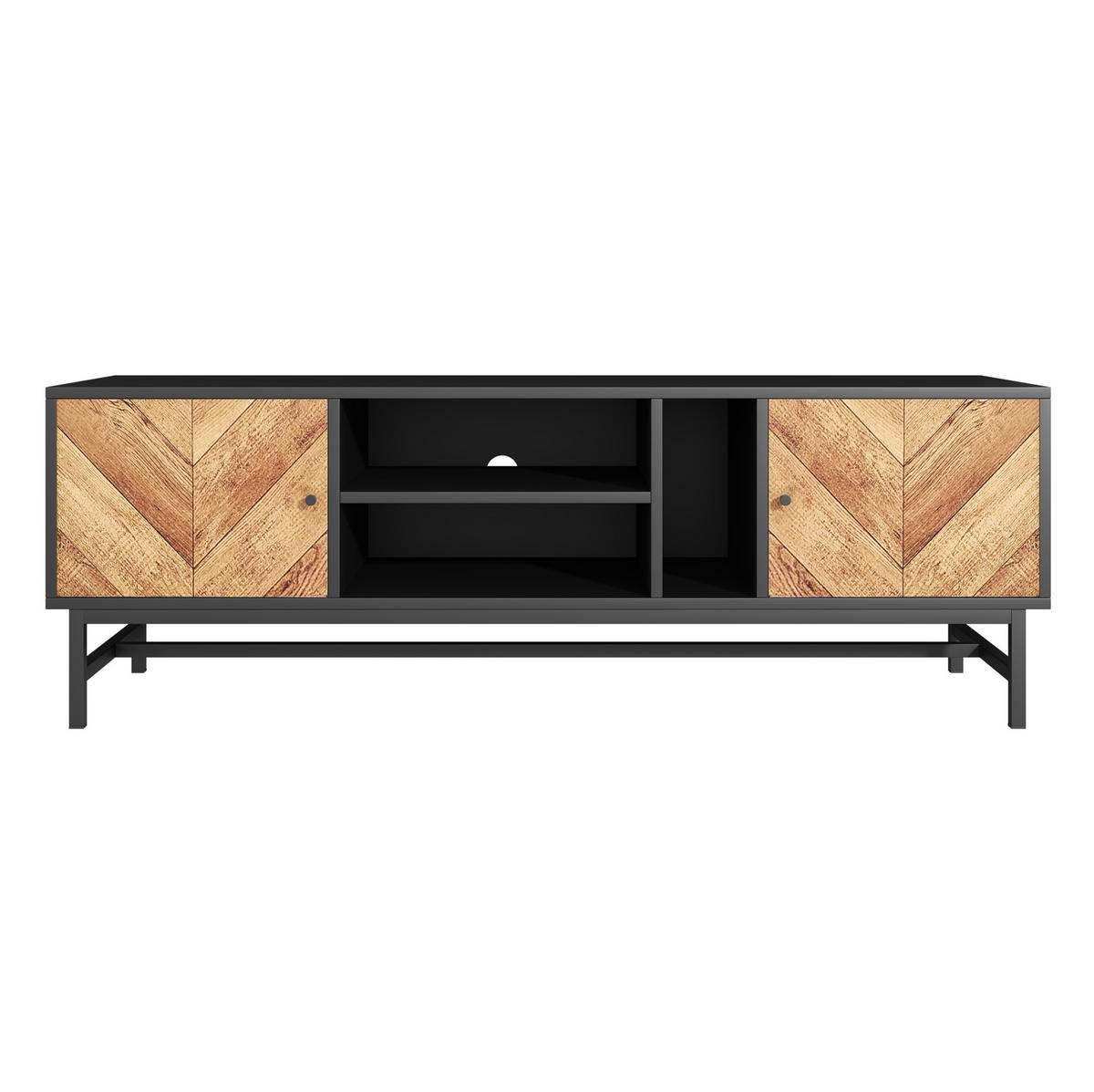 LOWBOARD 150/38/55 cm aus Eisen und Spanplatte mit 2 Türen und offenen Fächern Schwarz/Natur - Hellbraun, Holzwerkstoff (150/55/38cm) - Modenvie