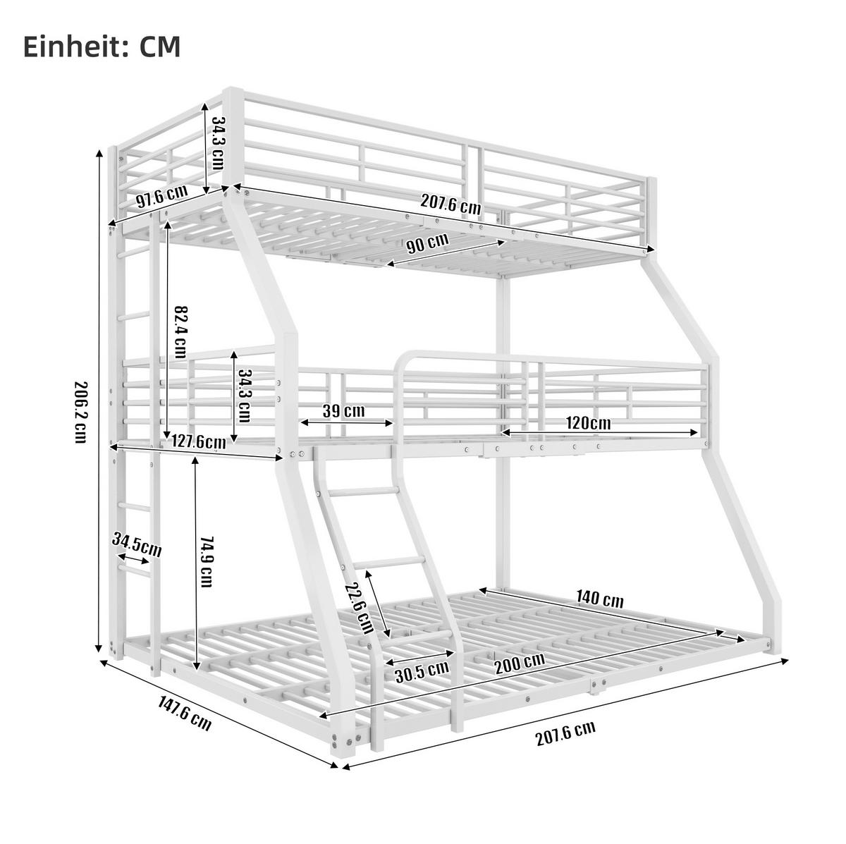 ETAGENBETT 90/200 cm aus Metall als Dreifachbett mit 2 Leitern und Sicherheitsgeländern, Weiß - Weiß, Metall (90/200cm) - Redom