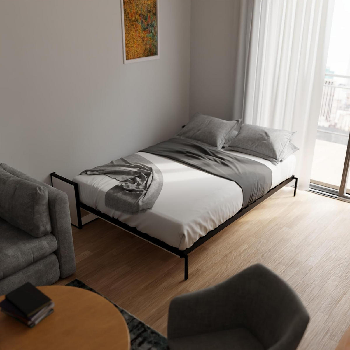 SCHRANKBETT Murphy Studio 190x140 Horizontal, mit Gasdruckfeder-Mechanismus - Brombeere/Schwarz, Metall (190/140cm) - WallBedKing