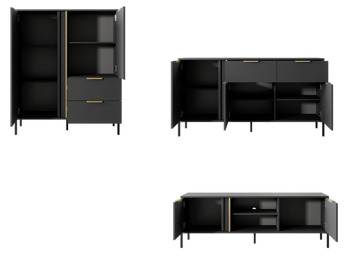 WOHNZIMMER-SET Lars anthrazit / gold 3-teilig - Anthrazit/Goldfarben, Holz/Holzwerkstoff (410/123/40cm) - Feldmann-Wohnen