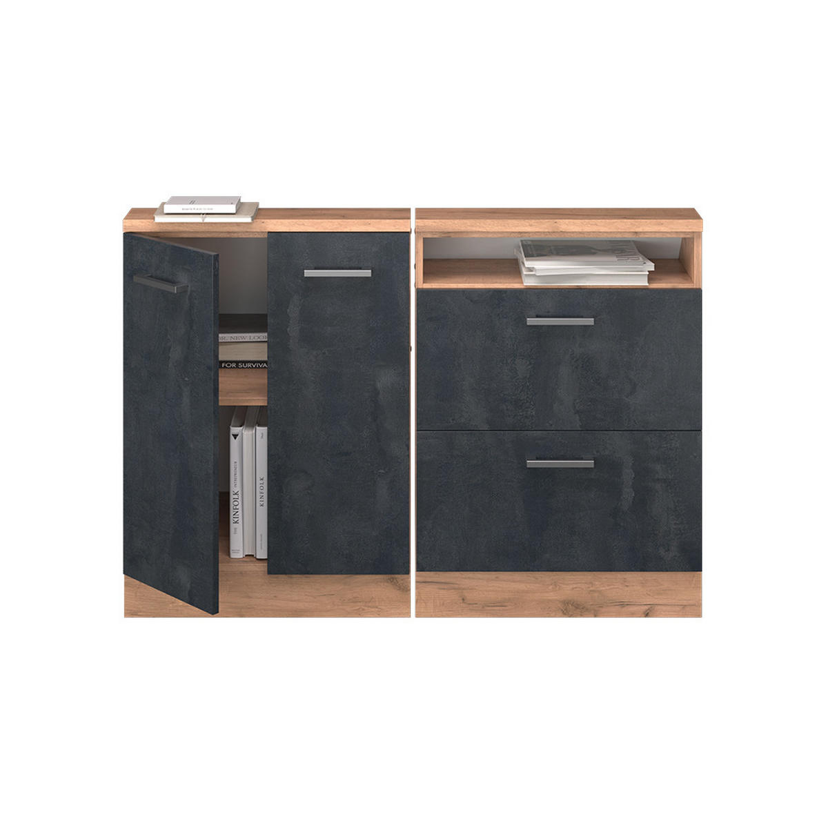 KUCHYŇSKÁ SKŘÍŇKA POD ŠIKMOU STŘECHU R-Line Černý beton/zlatý dub - medově dubová/černá, kompozitní dřevo (120/81.6/46cm) - Vicco