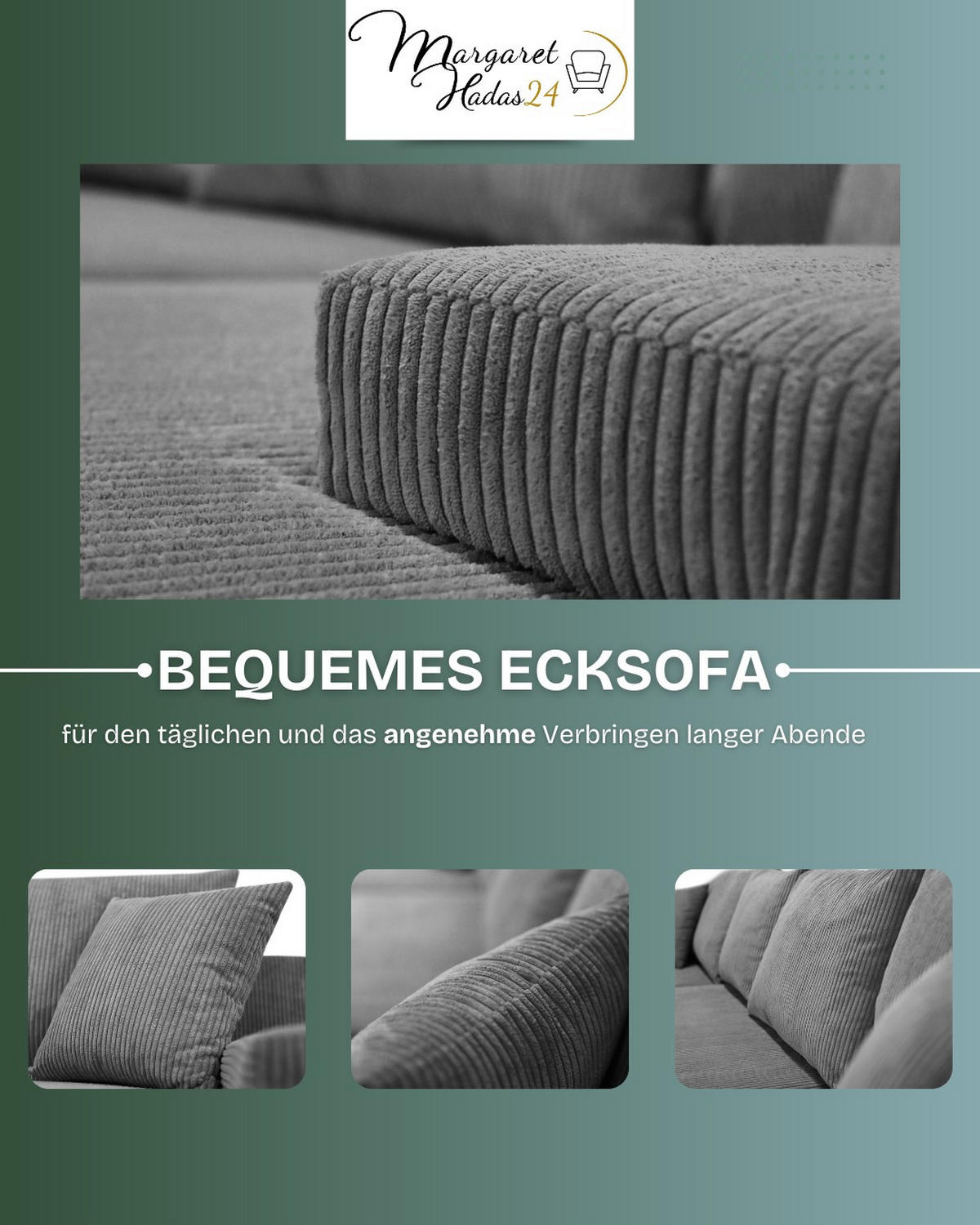 WOHNLANDSCHAFT Lauren in U-Form 348 x 188 cm, 5 Sitzer, Bettzeugablage, Big Sofa, Eckcouch, Cord, grau - Grau, Kunststoff (348/93/188cm) - Margaret Hadas24