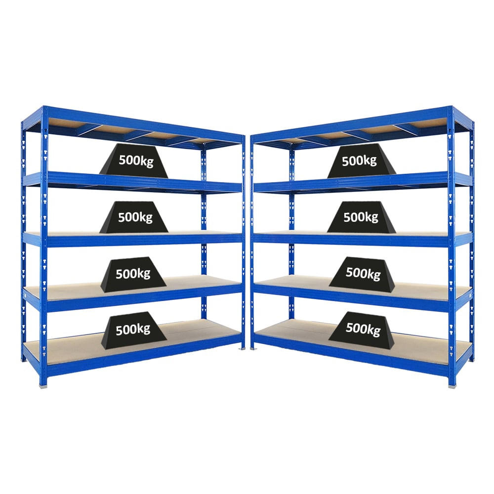 SCHWERLASTREGAL Rhino 2er-Set 200x200x60 cm 5 Spanplatten-Ebenen 8mm Fachlast 500 kg Blau - Blau, Metall (400/200/60cm) - PROREGAL