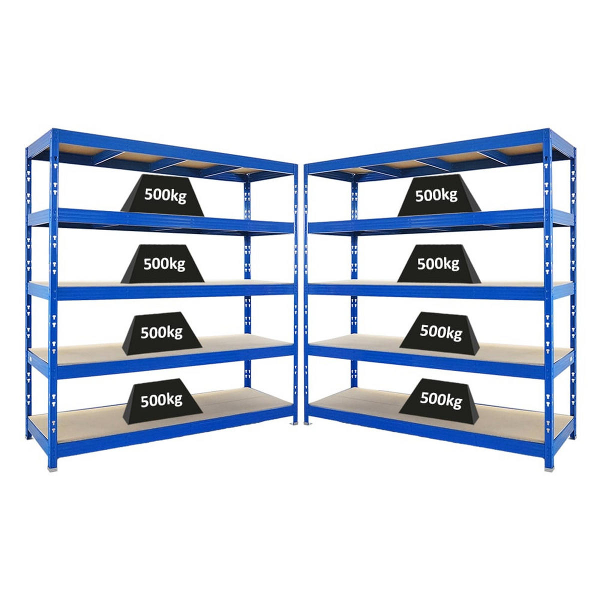 SCHWERLASTREGAL Rhino 2er-Set 200x200x60 cm 5 Spanplatten-Ebenen 8mm Fachlast 500 kg Blau - Blau, Metall (400/200/60cm) - PROREGAL