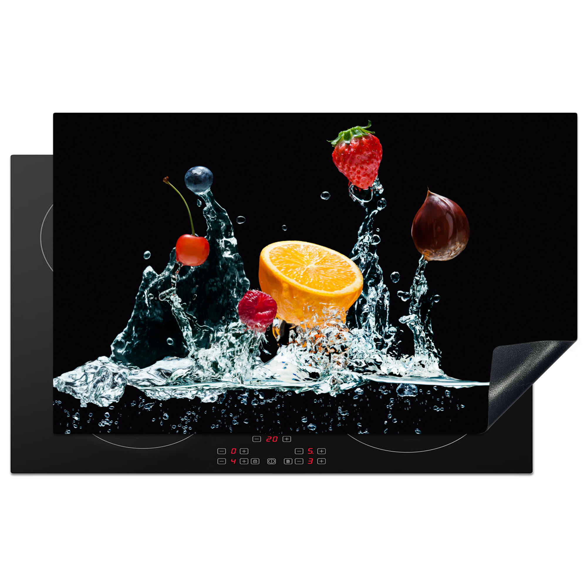 HERDABDECKPLATTE Wasser - Obst - Orange - Erdbeere - Kirsche - Schwarz 85x52 cm - Orange, Kunststoff (85/0.2/52cm) - MuchoWow