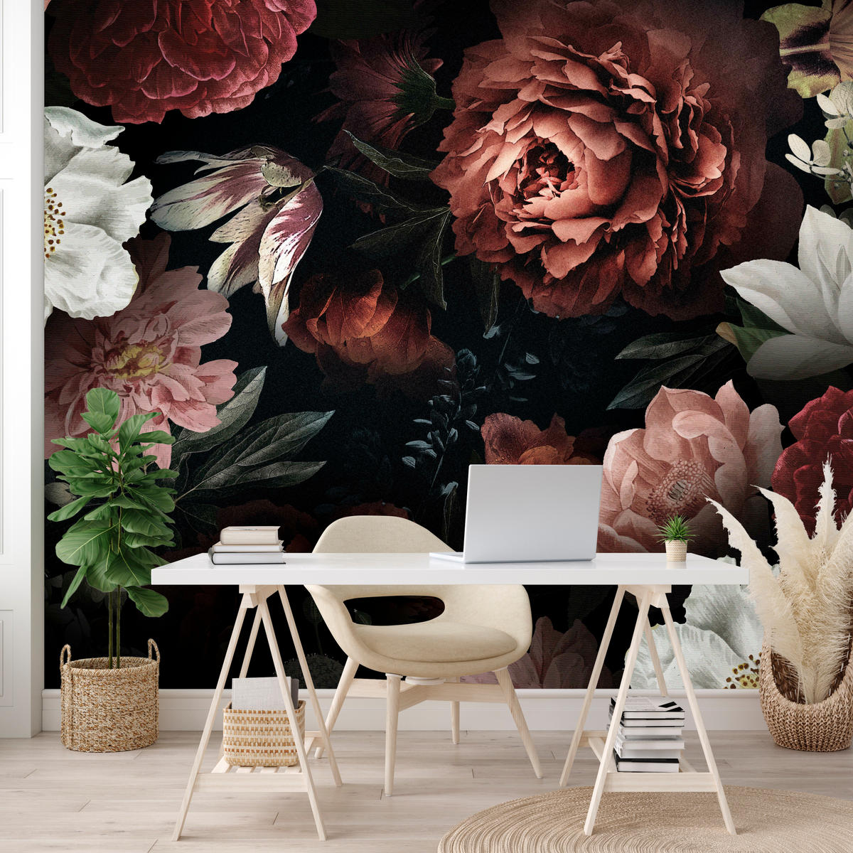 FOTOTAPETE für Büro Bunte Blumen Pfingstrosen Botanisch 200x140 - Rot/Weinrot, Papier (200/140cm) - Muralo