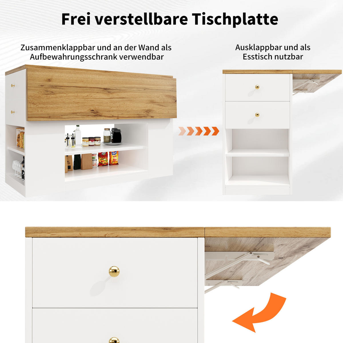 KÜCHENINSEL aus MDF mit klappbarer Tischplatte & Stauraum, 140/40/90 cm, Weiß - Weiß, Holzwerkstoff (40/90/140cm) - Redom