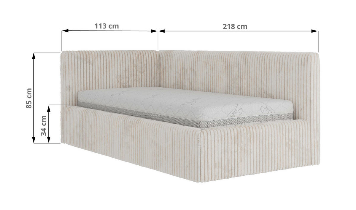 POLSTERBETT TILVO 90/200 - Beige Cord - Taschenfederkernmatratze - Links - Beige, Textil (90/200cm) - MKS