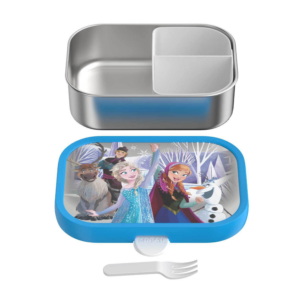 EDELSTAHL-BROTDOSE MIT GABEL Campus Frozen Friends 18 x 13 cm - Multicolor/Hellblau, Kunststoff/Metall (13.2/6.1/17.8cm) - Mepal