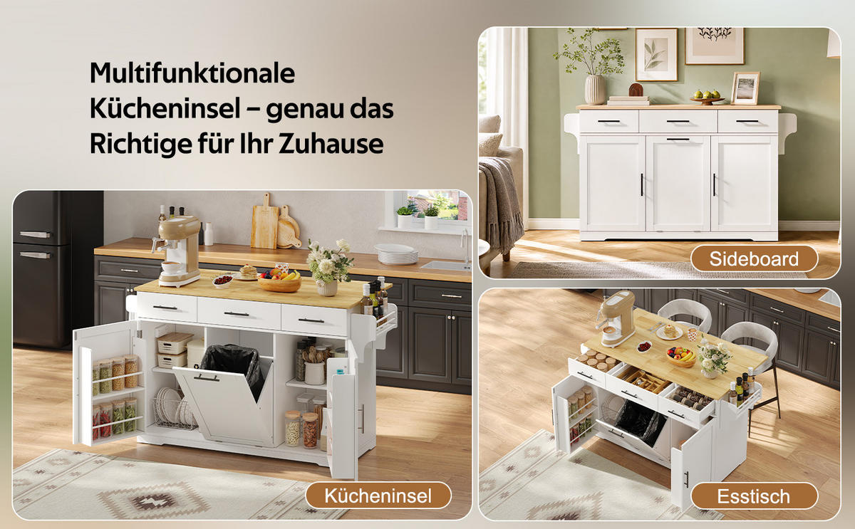KÜCHENINSEL DE-41372 136/50-75/92 cm, klappbare Arbeitsplatte und Mülleimerschrank Weiß - Weiß, Holzwerkstoff (136/92/75cm) - ComfortXL