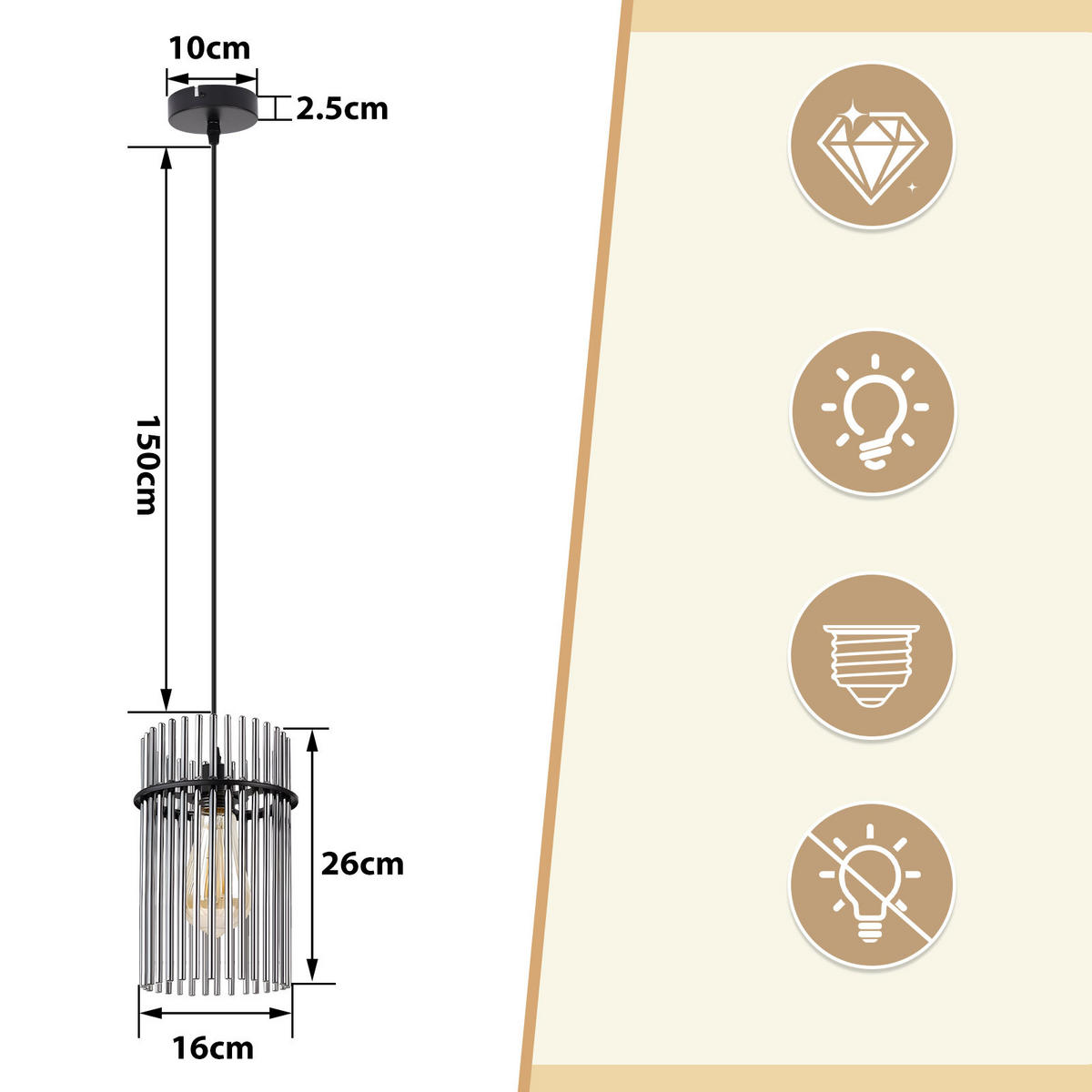 PENDELLEUCHTE Kaelen 16/10/150 cm - Schwarz, Metall (16/10/150cm) - ZMH