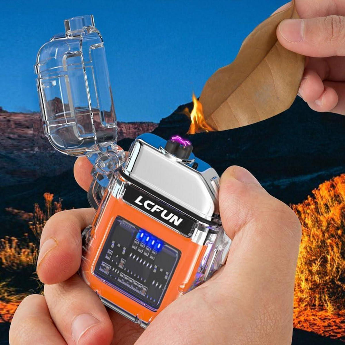 FEUERZEUG Elektrisch USB Aufladbar Wasserdicht Winddicht mit Taschenlampe Orange - Multicolor, Kunststoff (4/1.8/6.2cm)