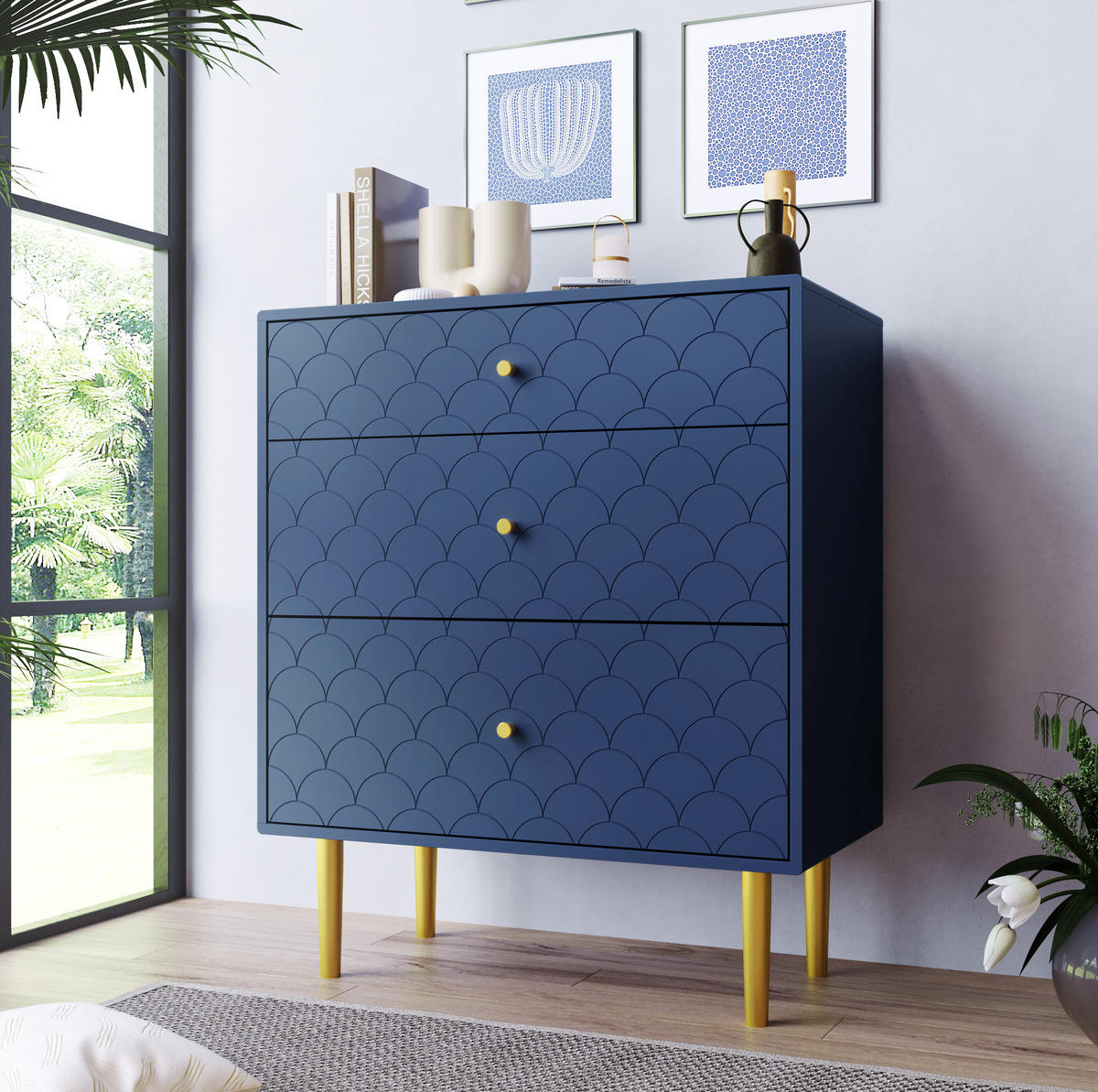 KOMMODE 75/40/89 cm in Marineblau mit 3 Schubladen und Metallbeinen - Dunkelblau, Holz (75/89/40cm) - Flora Grace