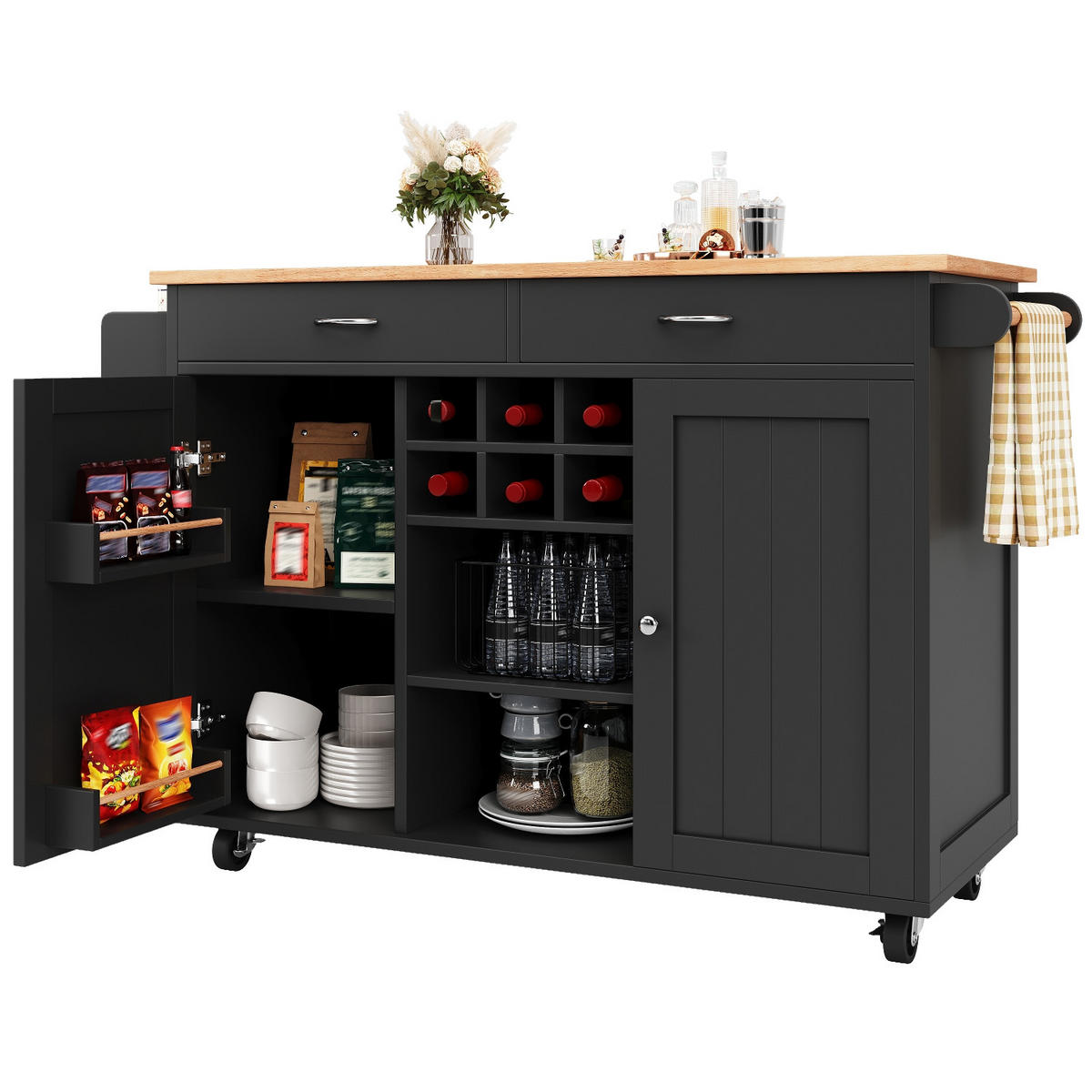 KÜCHENINSEL, Servierwagen mit Holzmaserung, MIT WEINREGAL UND ROLLEN, für Esszimmer, 102/45/92 cm - Schwarz, Holzwerkstoff (45/92/102cm) - Rolipo