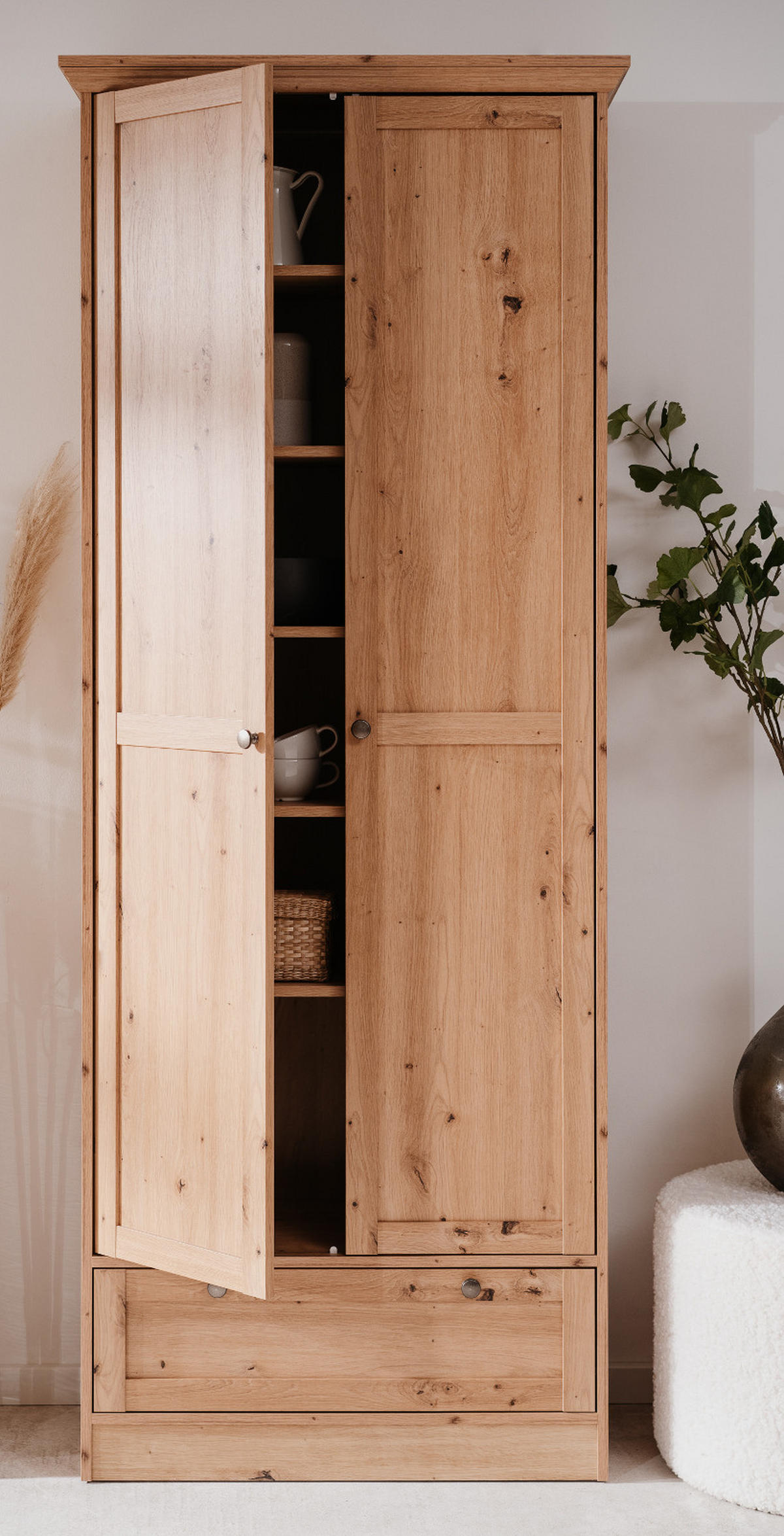 MEHRZWECKSCHRANK Eiche Artisan 80 cm Landhaus, Schrank mit viel Stauraum - Eichefarben/Silberfarben, Holzwerkstoff/Metall (80/200/39cm) - Furn.Design