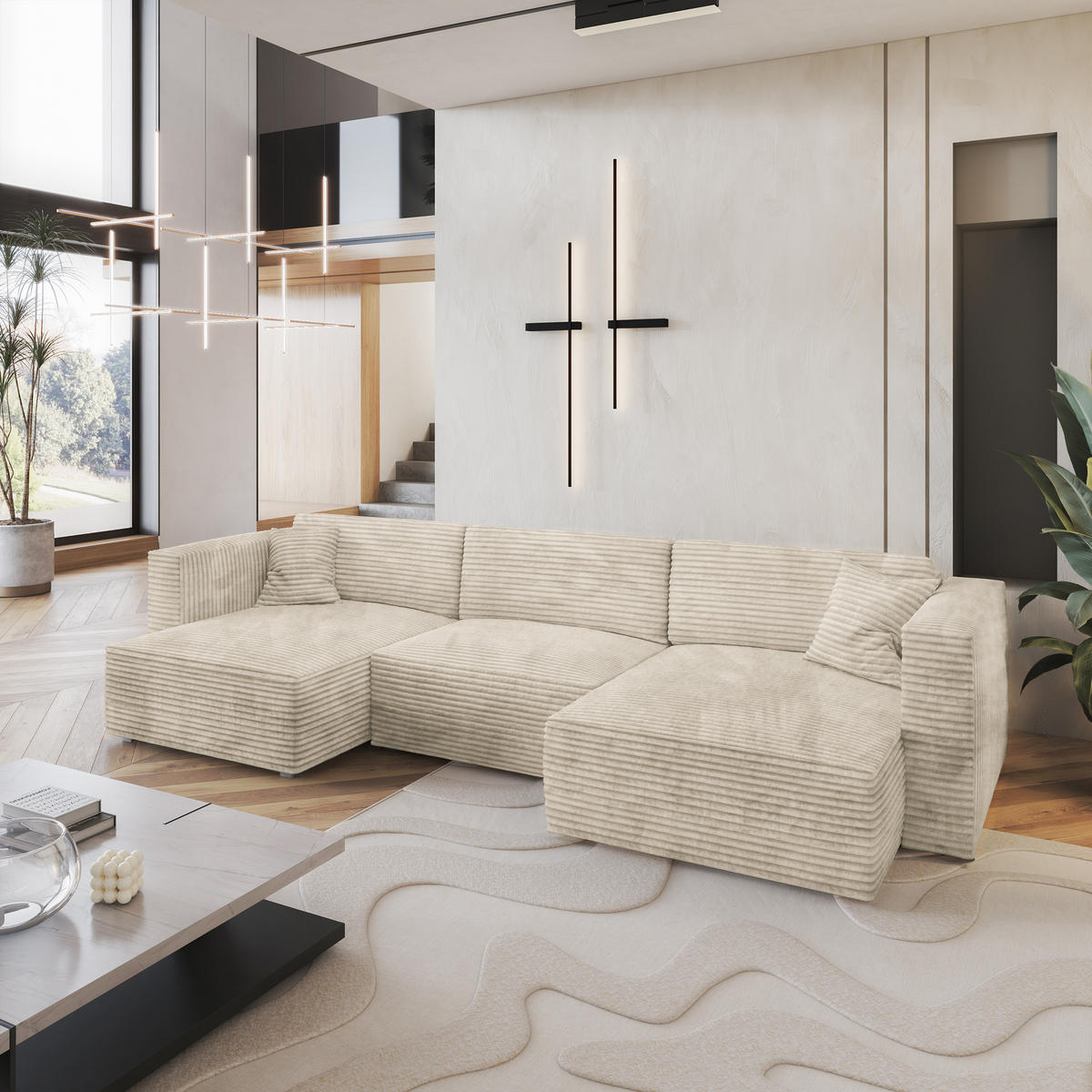 WOHNLANDSCHAFT SARMO Creme Kordstoff mit Schlaffunktion - Creme, Holz (347/90/148cm) - MASSENO