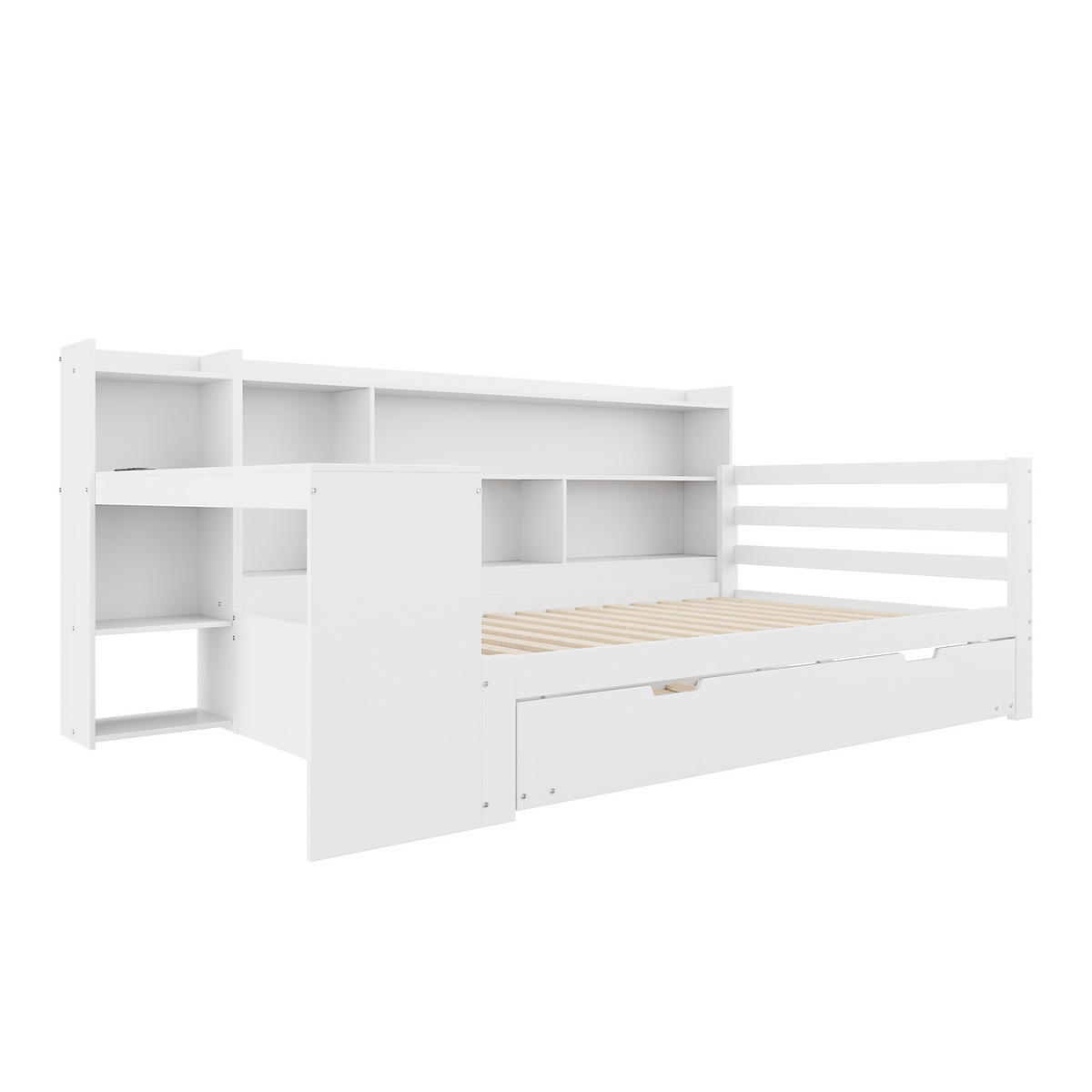 AUSZIEHBETT 90/200 cm DE-01353, in Weiß, mit Schreibtisch und Steckdose - Weiß, Holz (90/200cm) - ComfortXL