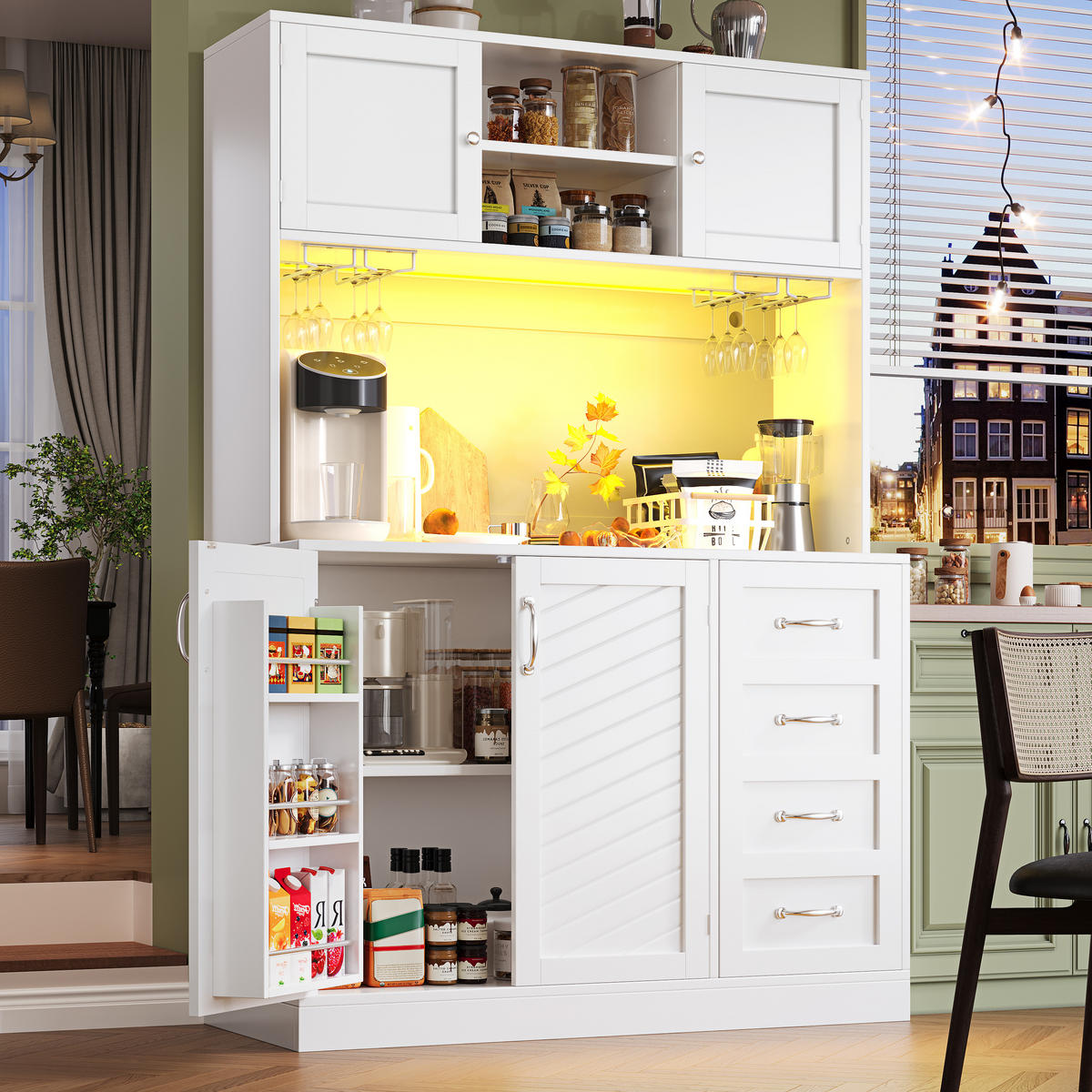 GESCHIRRSCHRANK aus MDF 120x40x188 cm in Weiß mit LED-Lichtleiste - Weiß, Holzwerkstoff (120/180/40cm) - Modfu