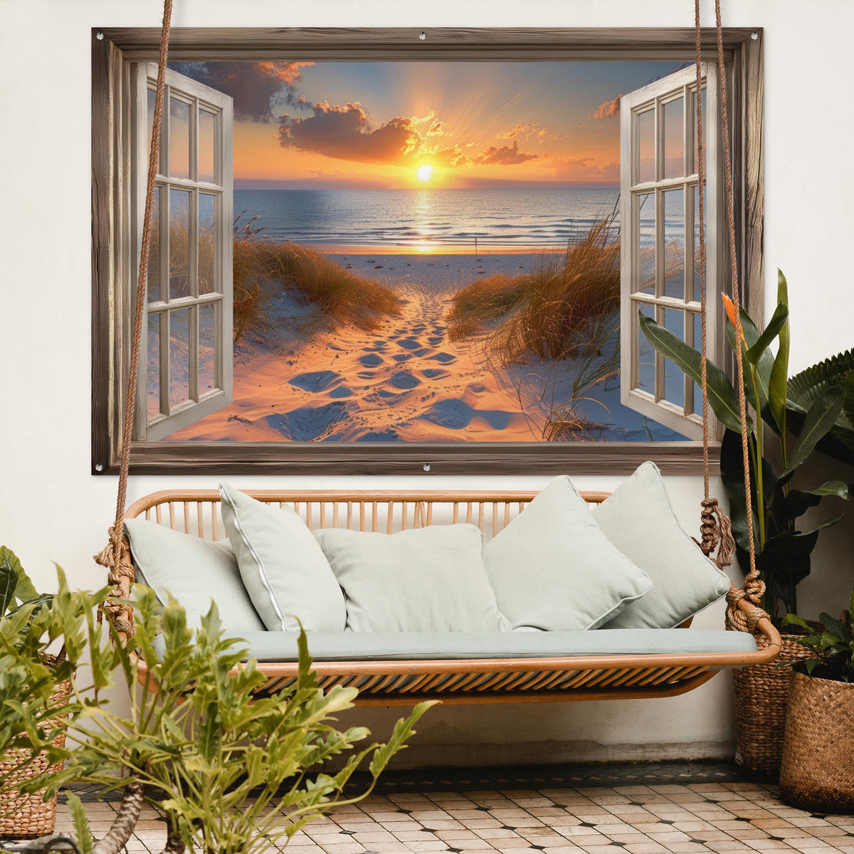 GARTENPOSTER Durchblick - Strand - Dünen - Sonnenuntergang 180x120 cm - Orange, Kunststoff (180/120/0.2cm) - OnlyWow