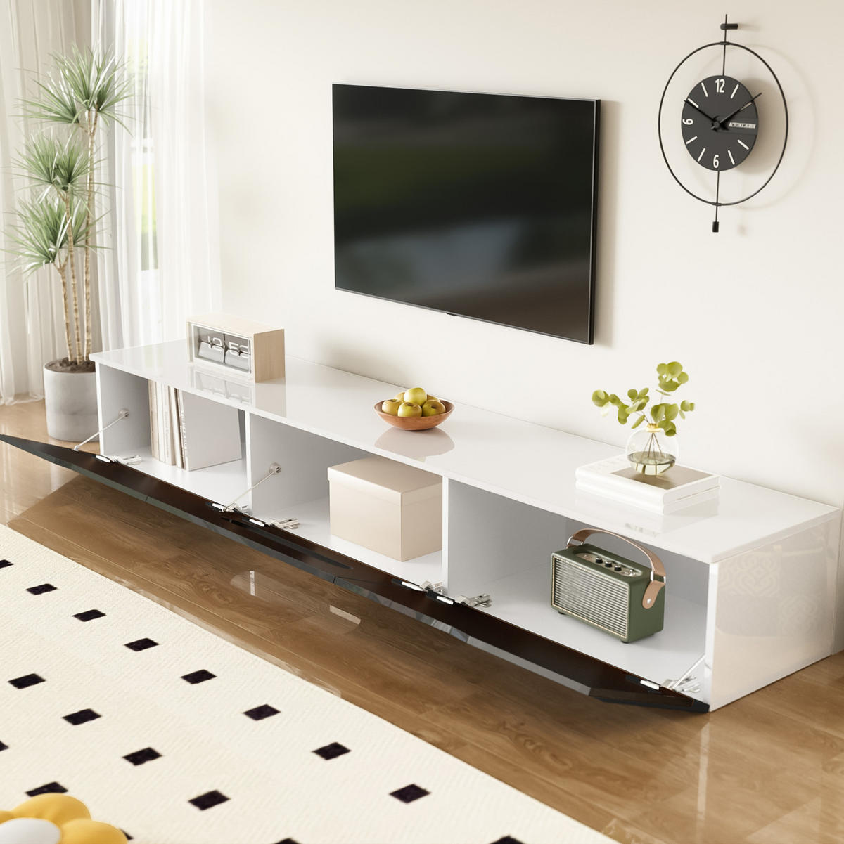 TV ormarić 180/35/30 cm crno-bijeli od MDF-a i iverice s LED rasvjetom i zidnom montažom - crna, drvni materijal (180/30/35cm) - OKWISH