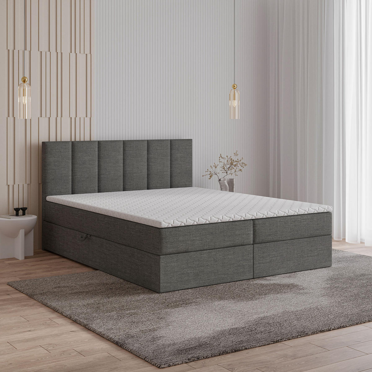 POSTEL BOXSPRING MERIL 160x200 cm, s matrací a úložným prostorem, tmavě šedá - tmavě šedá, kompozitní dřevo/textil (160/200cm) - MASSENO