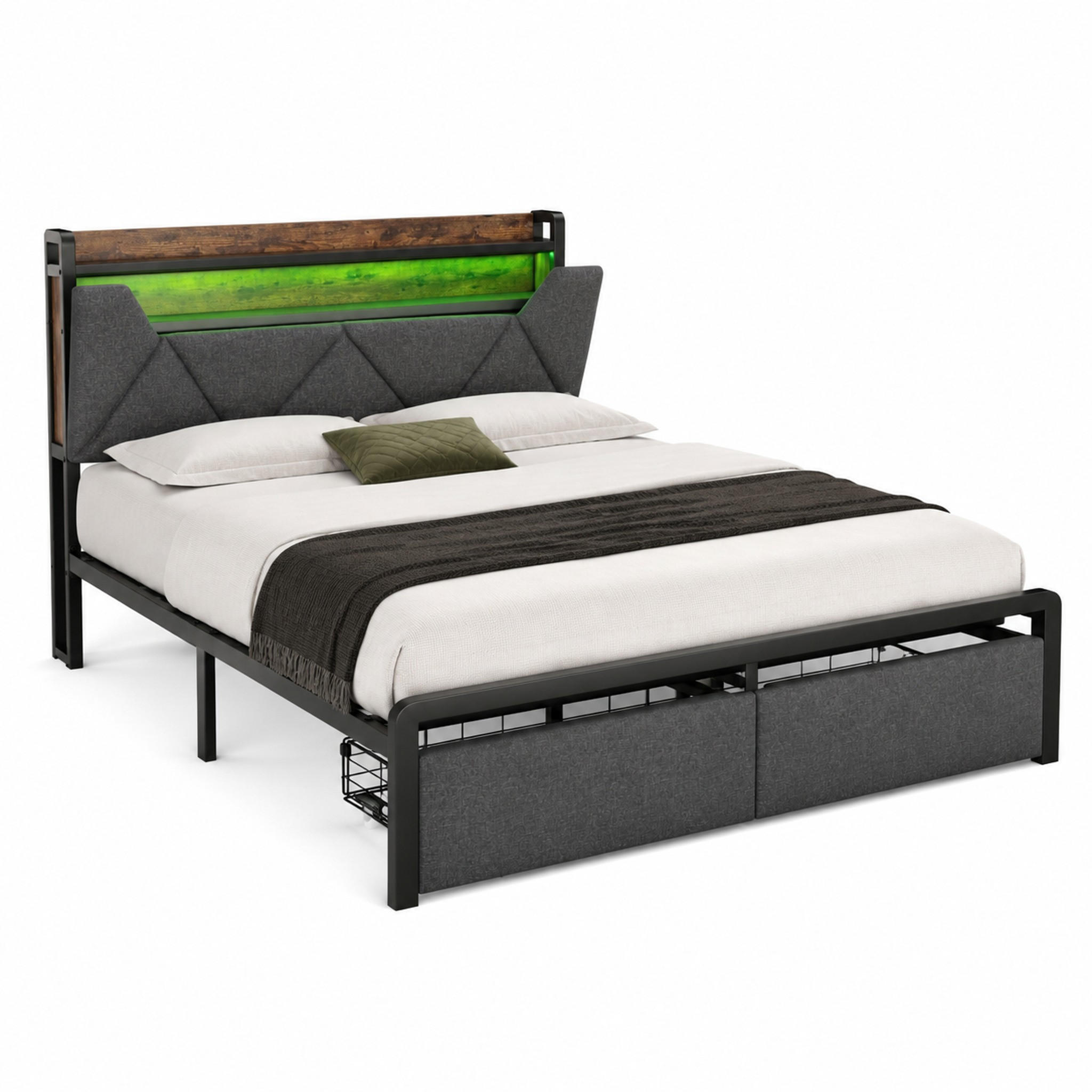 POLSTERBETT mit Stauraum und LED 140x200 cm Leinen Grau 2 Schubladen - Grau, Metall (140/200cm) - Meubliv