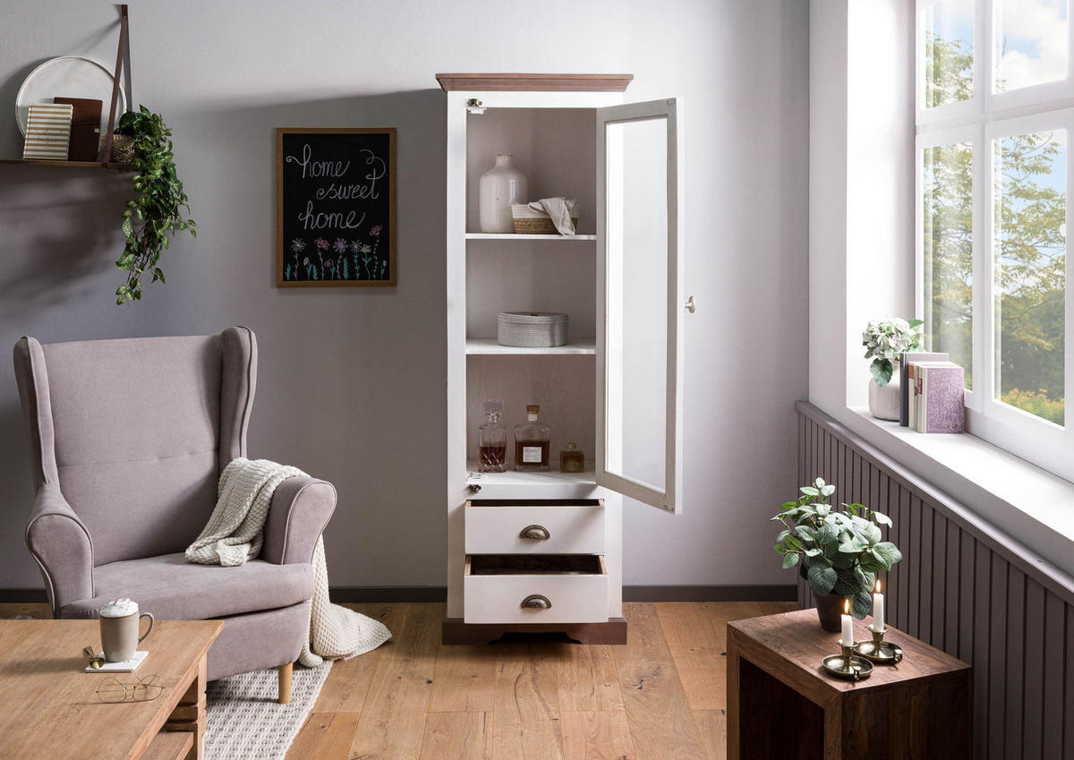 VITRINE Mango 65x45x190 weiß lackiert TOULOUSE #102 - Weiß, Holz (65/190/45cm) - Massivmoebel24