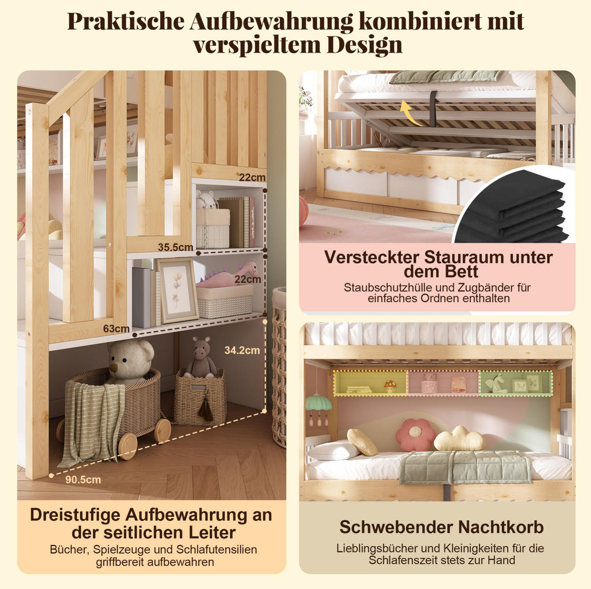 ETAGENBETT aus Kiefernholz 90x200 cm Weiß & Eiche mit Hydraulik-Stauraum und Hängeregalen - Eichefarben, Holz (90/200cm) - Modfu