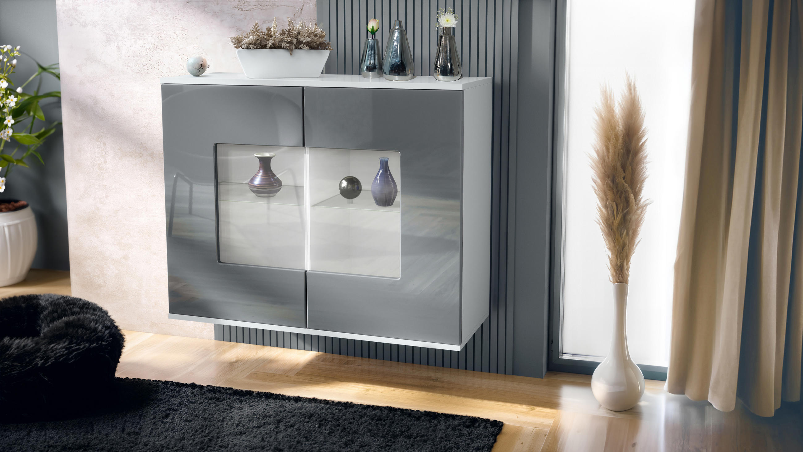 KOMMODE Grömitz Grau Hochglanz - Grau, Holzwerkstoff (92.5/73.5/35cm) - Vladon