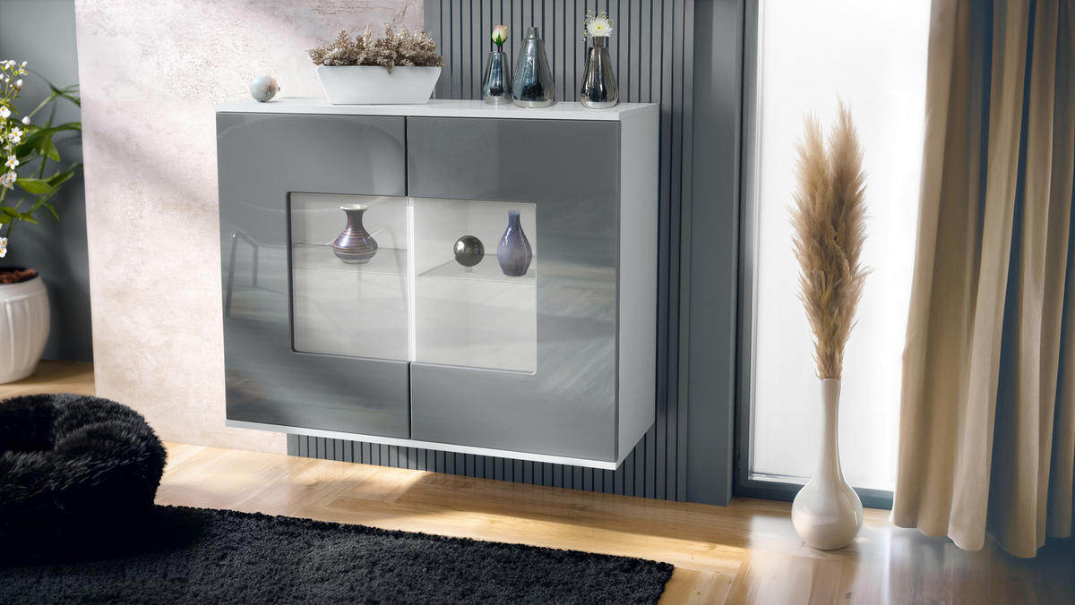 KOMMODE Grömitz Grau Hochglanz - Grau, Holzwerkstoff (92.5/73.5/35cm) - Vladon