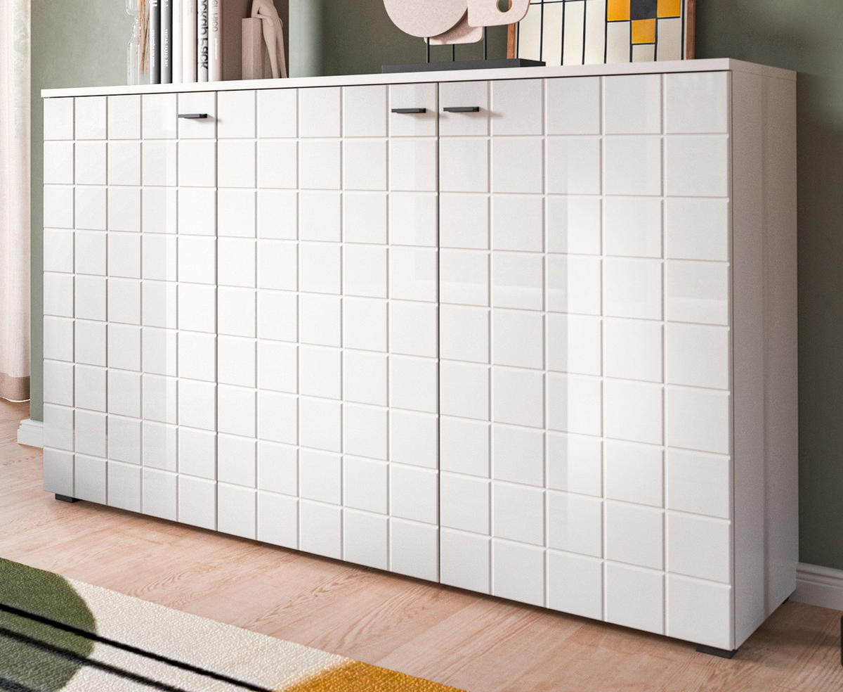 SIDEBOARD weiß Hochglanz 138 cm, Kommode 3-türig - Weiß Hochglanz/Schwarz, Holzwerkstoff/Kunststoff (138/86/37cm) - Inn.Furn