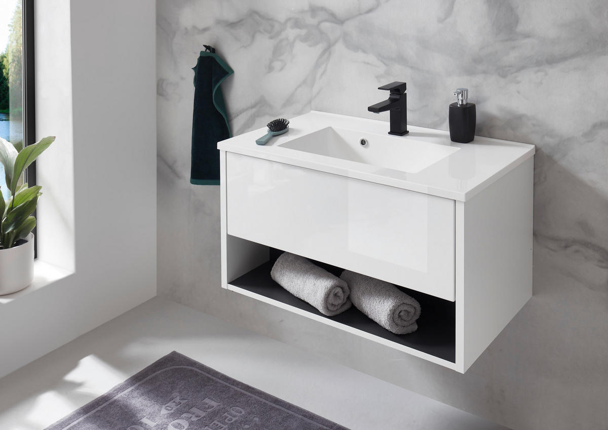 WASCHTISCH M20 Weiß Hochglanz & Anthrazit 80/42/46 cm schmal ohne Waschbecken - Weiß Hochglanz/Anthrazit, Holzwerkstoff (80/42/46cm) - Livojo