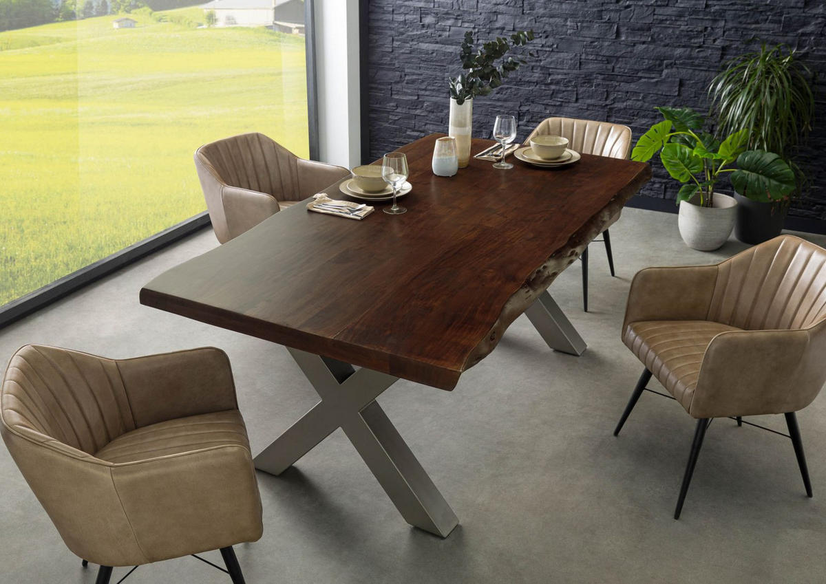 BAUMTISCH Akazie 200x100x77 braun lackiert / X-Beine silber matt FREEFORM 5 - Silberfarben/Braun, Holz (200/100/77cm) - Massivmoebel24
