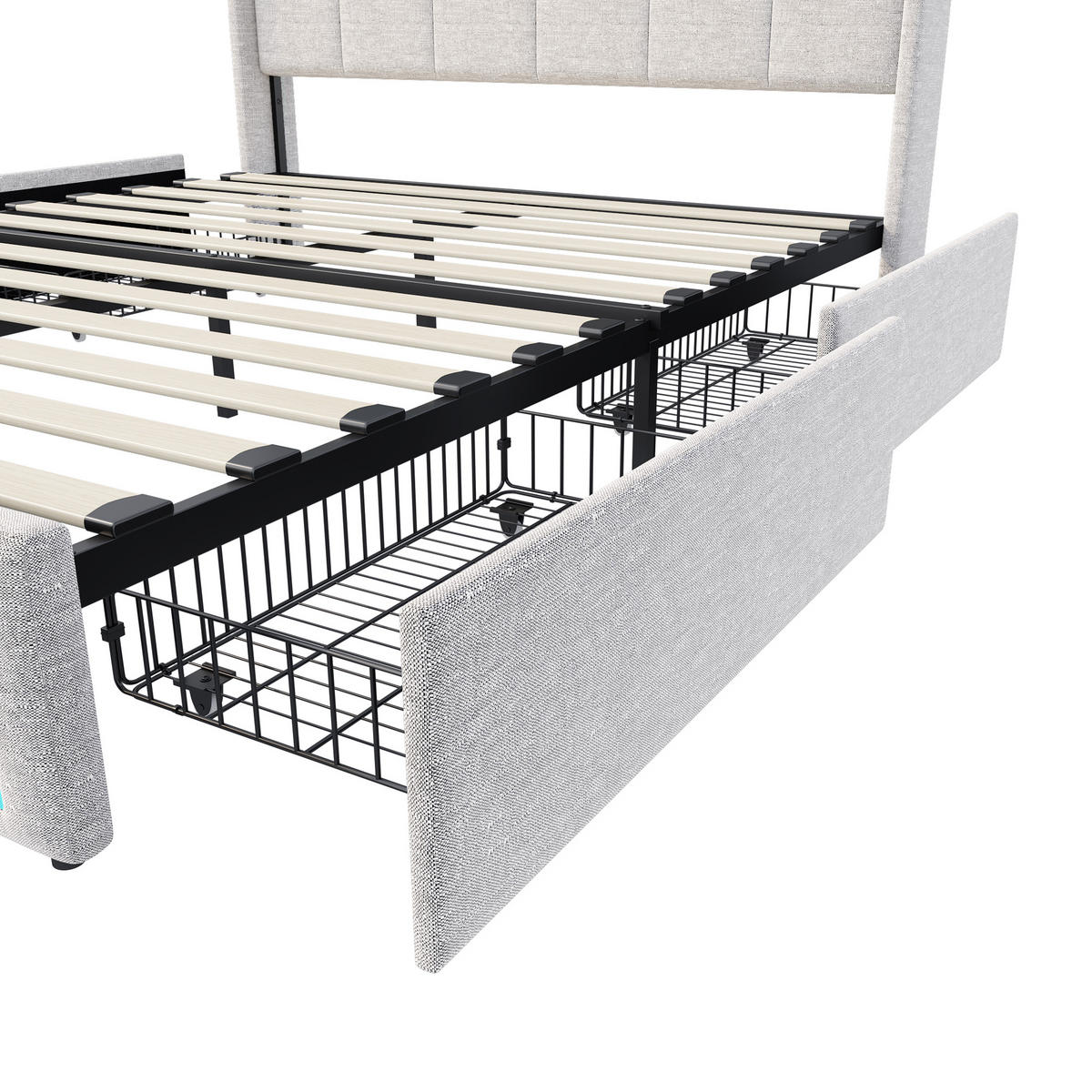 POLSTERBETT 160x200cm leinen led metallschubladen Beige - Beige, Metall - SHOPENTRA