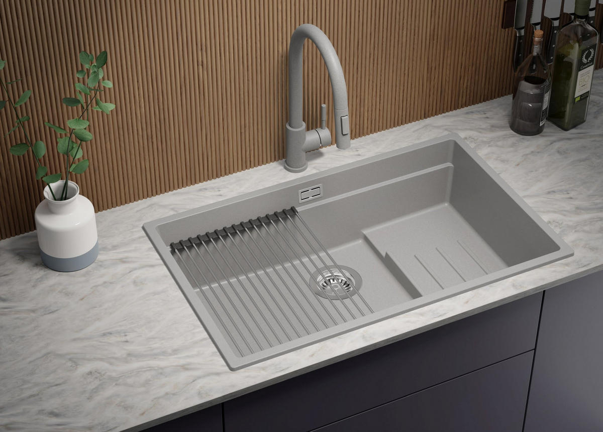 SPÜLBECKEN Praga Slim, 2-er set Grau 76/47 cm 1 Becken + Ablauf-Set + Aufrollbare Abtropffläche ab 80er Unterschrank - Chromfarben/Grau, Kunststoff (76/20/47cm) - Primagran