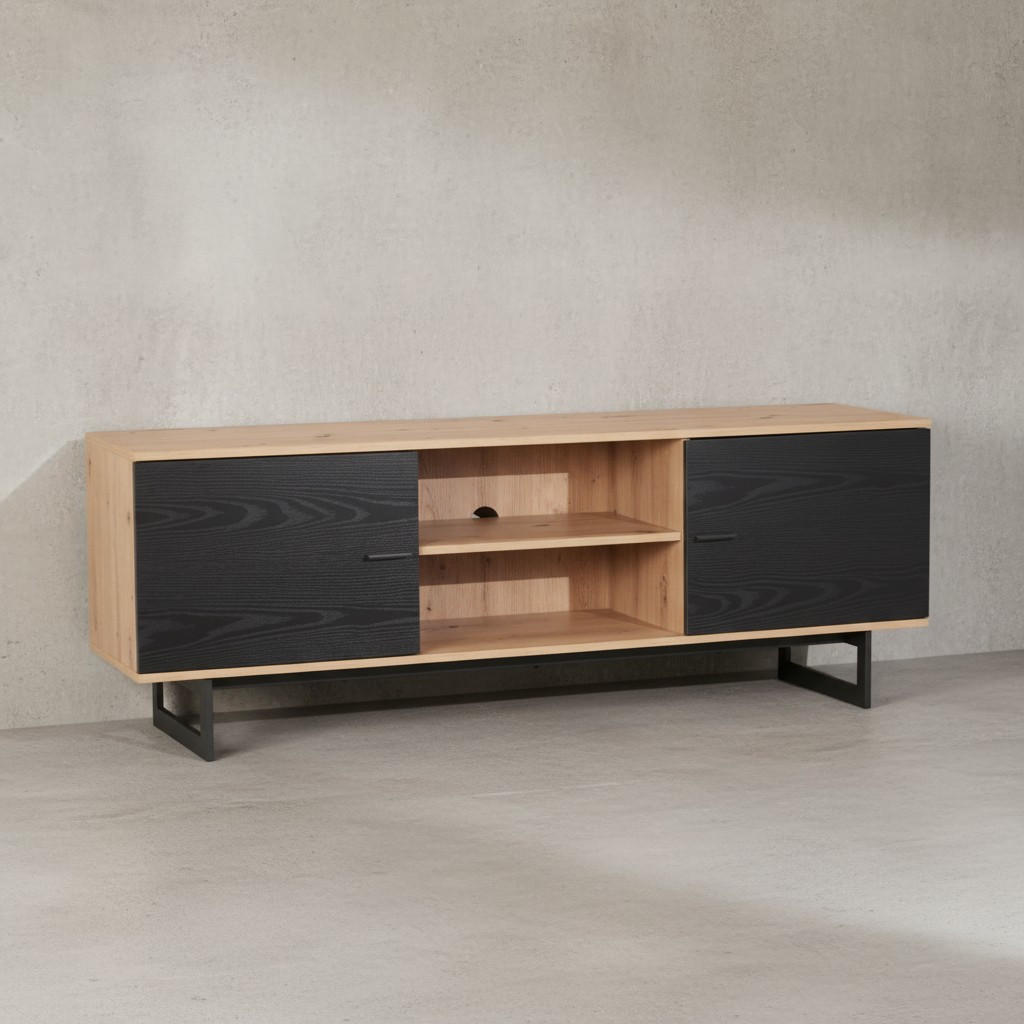 TV-LOWBOARD mit Eiche-Dekor und 2 Türen, modern, Braun-Schwarz 150x40x55 cm - Schieferfarben/Schwarz, Holzwerkstoff/Metall (150/55/40cm) - KADIMA DESIGN