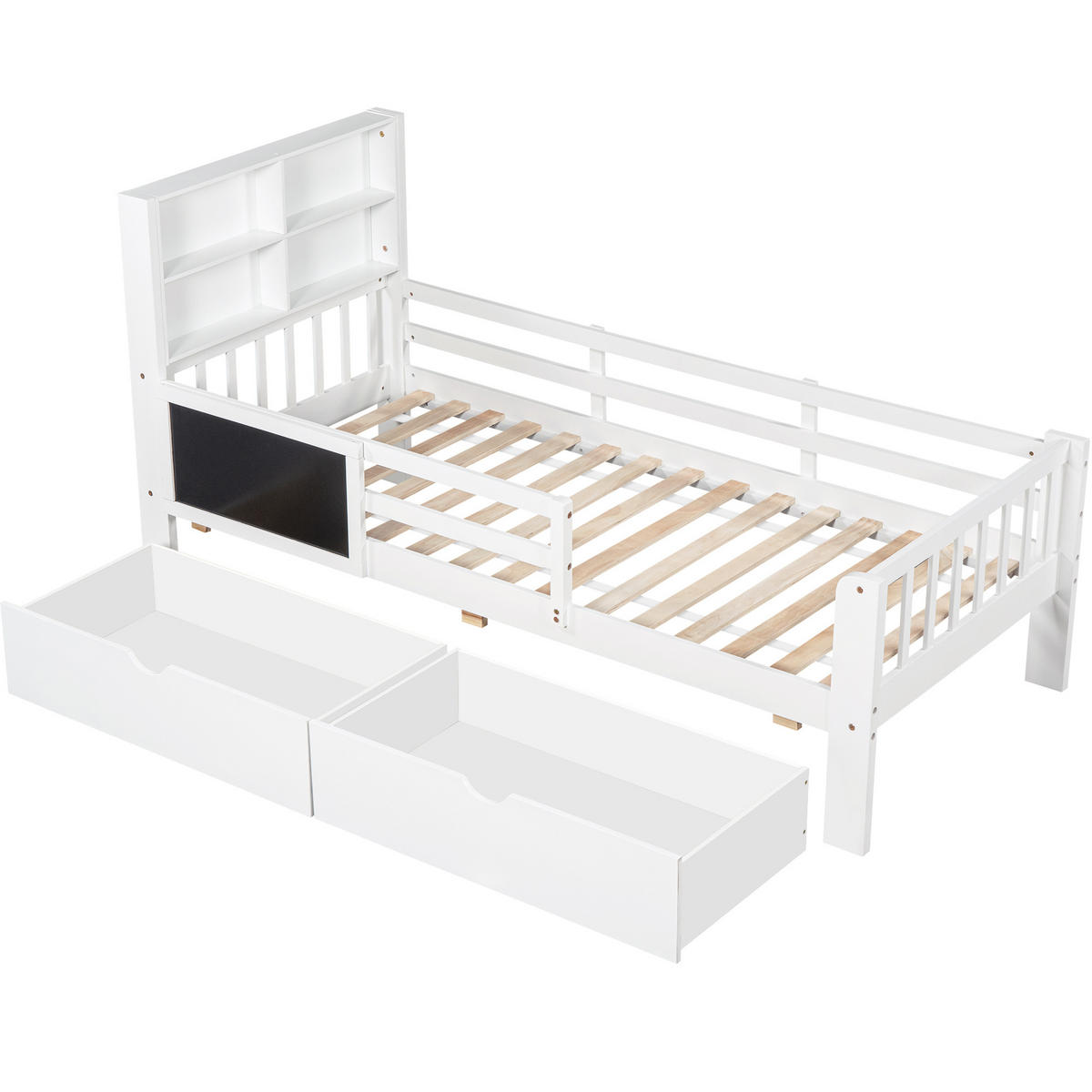 KINDEREINZELBETTEN aus Massivholz und MDF 90x200 cm in Weiß mit Schubladen & Tafel - Weiß, Holzwerkstoff (90/200cm) - Modfu