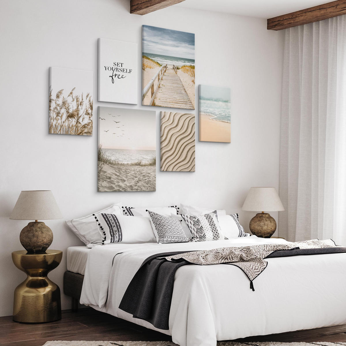 LEINWANDBILDER 6-er Set Strand Meer 3D - Blau/Beige, Textil (90/80cm) - Muralo