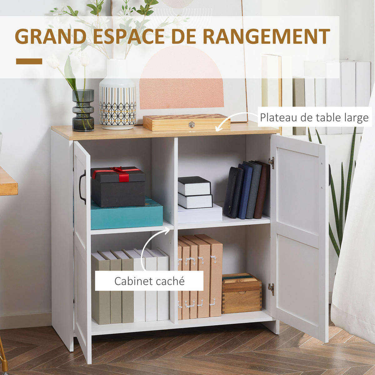 SIDEBOARD DE-11031 2 Türen Weiß/Holzoptik - Weiß, Holzwerkstoff (90/88/39.5cm) - ComfortXL