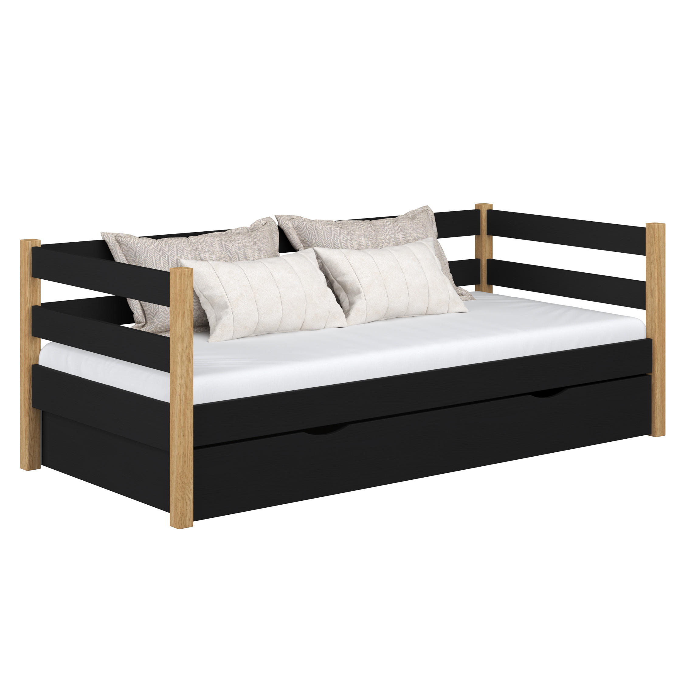 TAGESBETT mit Schublade N01 Schwarz / Eiche Natur 100/180 - Schwarz/Eiche Artisan, Naturmaterialien/Holz (100/180cm) - N-Wood