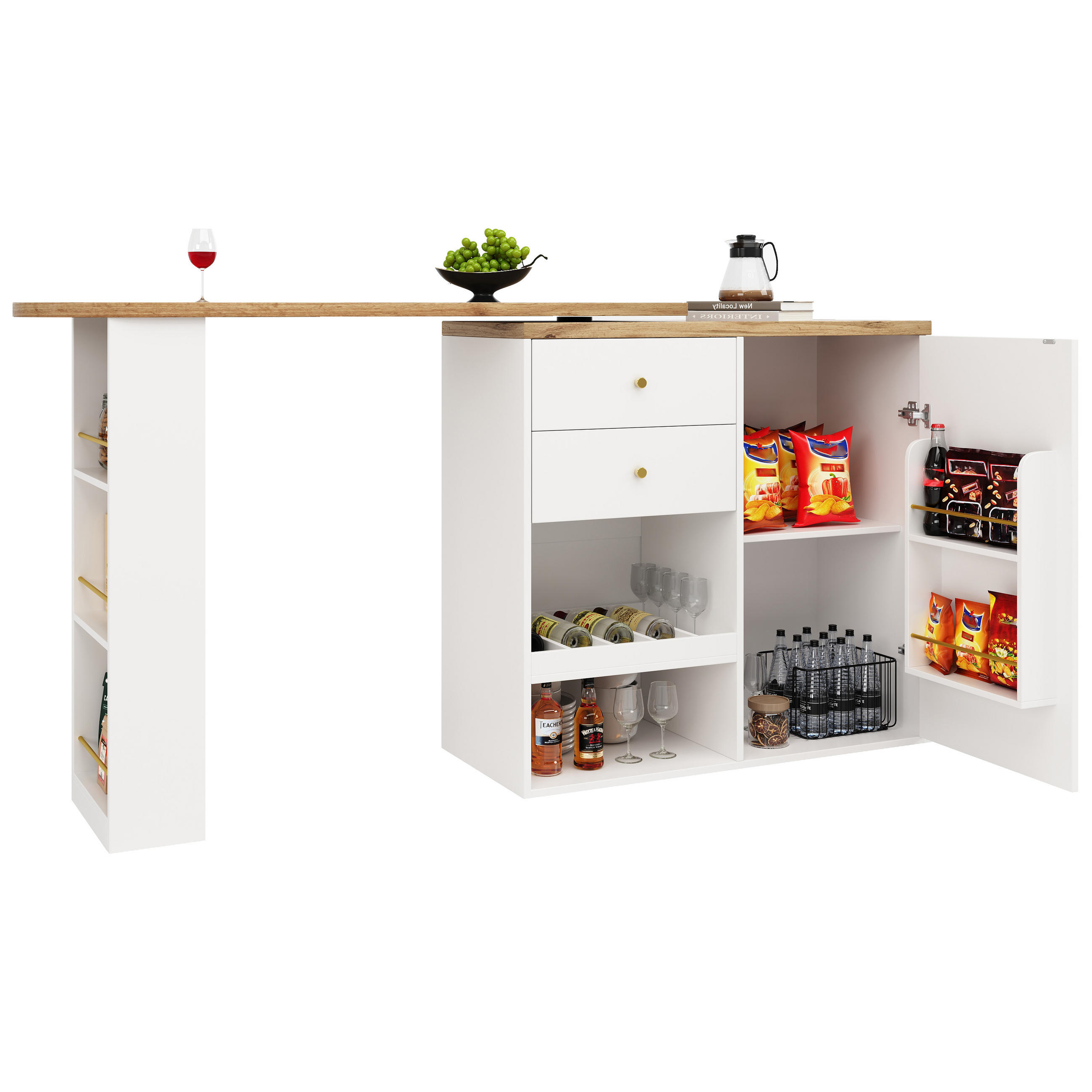 KÜCHENINSEL aus MDF mit drehbaren Seitenregalen und vier Schubladen, Holzstruktur, goldene Griffe, weiß - Weiß, Holzwerkstoff (105/102/39cm) - Luhomfu