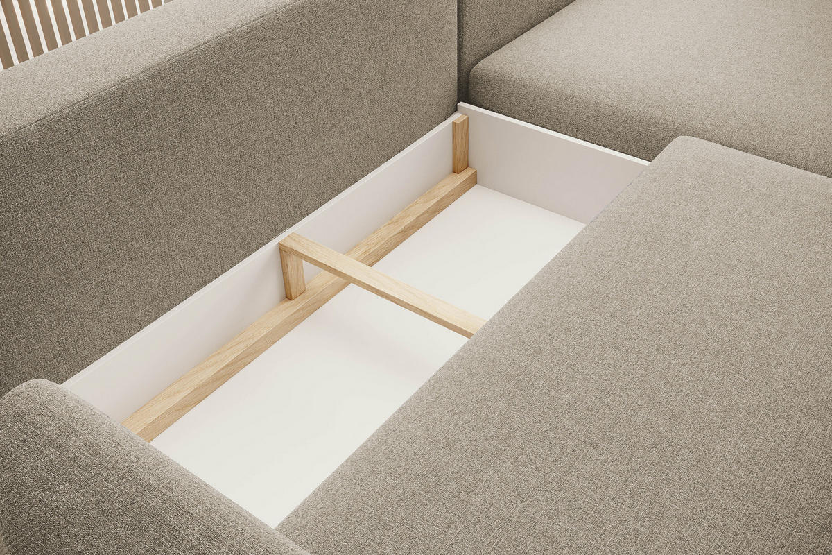 ECKSOFA Bono – Stilvolles Sofa mit Schlaffunktion, Robuste Holzfüße, Elegante Armlehnen, Tiefe Sitzfläche 226x164x88 cm – Rechte, Sand - Sandfarben, Holz/Textil (226/164cm) - DomoHome