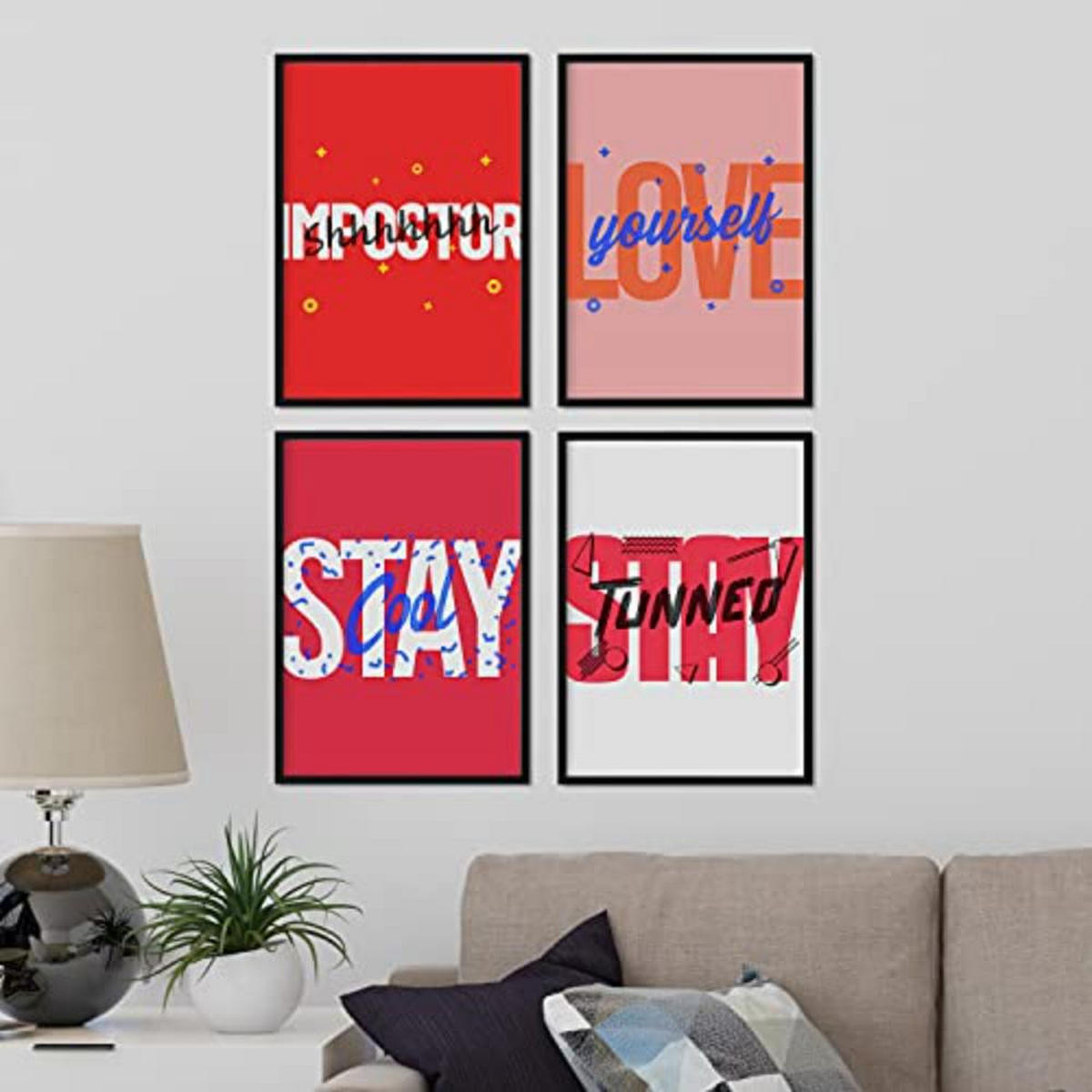 POSTER Set mit 4 roten Etikettendesign und Motivationsnachrichten A3 Schwarzer Rahmen - Schwarz, Papier (29.7/3cm) - Nacnic