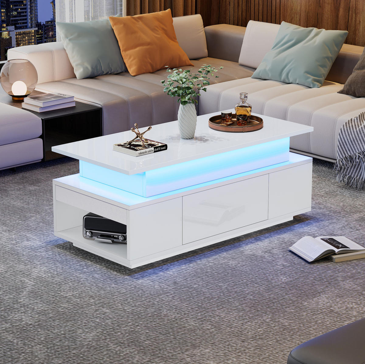 COUCHTISCH 96/45/40 cm in Weiß, höhenverstellbar mit Stauraum und LED-Beleuchtung - Weiß, Holzwerkstoff (96/45/40cm) - Flora Grace