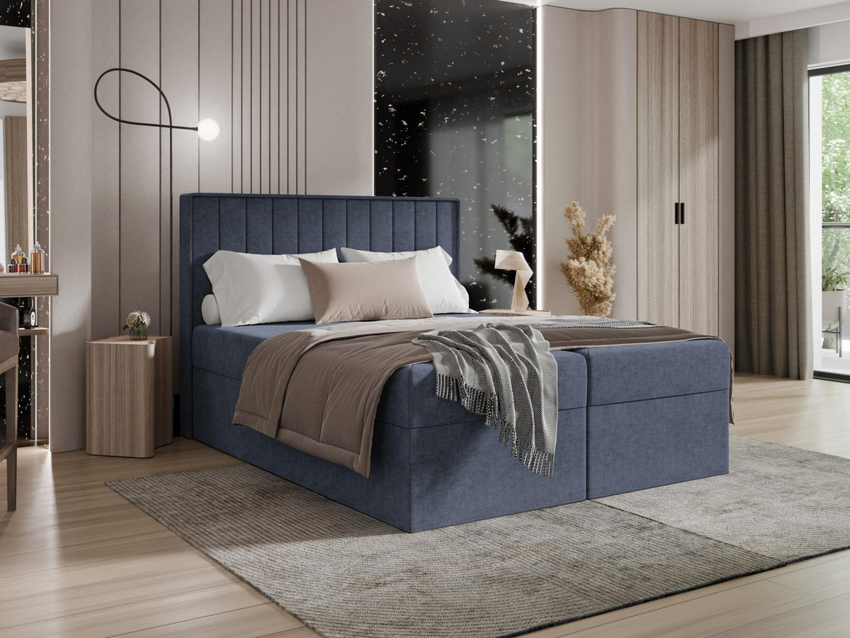 BOXBETT + Topper 160x200 dunkelblau Chenille - Dunkelblau, Holz/Holzwerkstoff (160/200cm) - SIMKAM Furniture